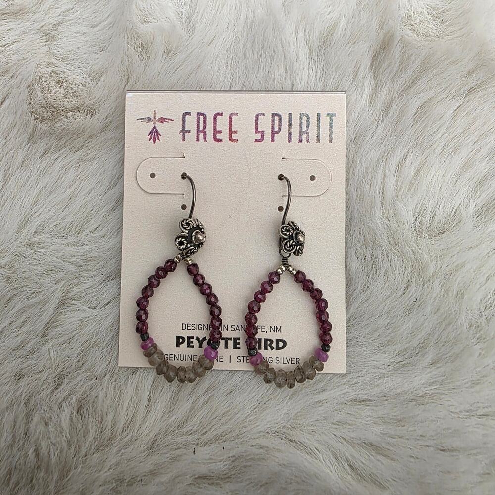 Peyote Bird Free Spirit Sterling Silver Garnet Beaded Hoop Earrings NEW